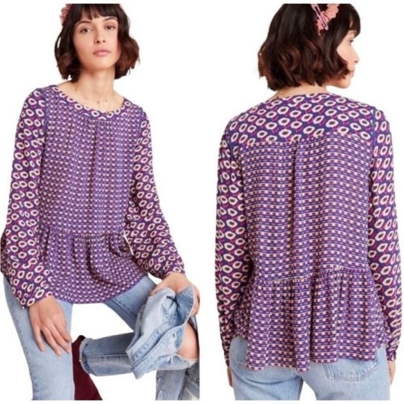 Anthropologie Maeve Cheyenne Boho Purple Peplum Printed Top Size Small - Picture 1 of 15